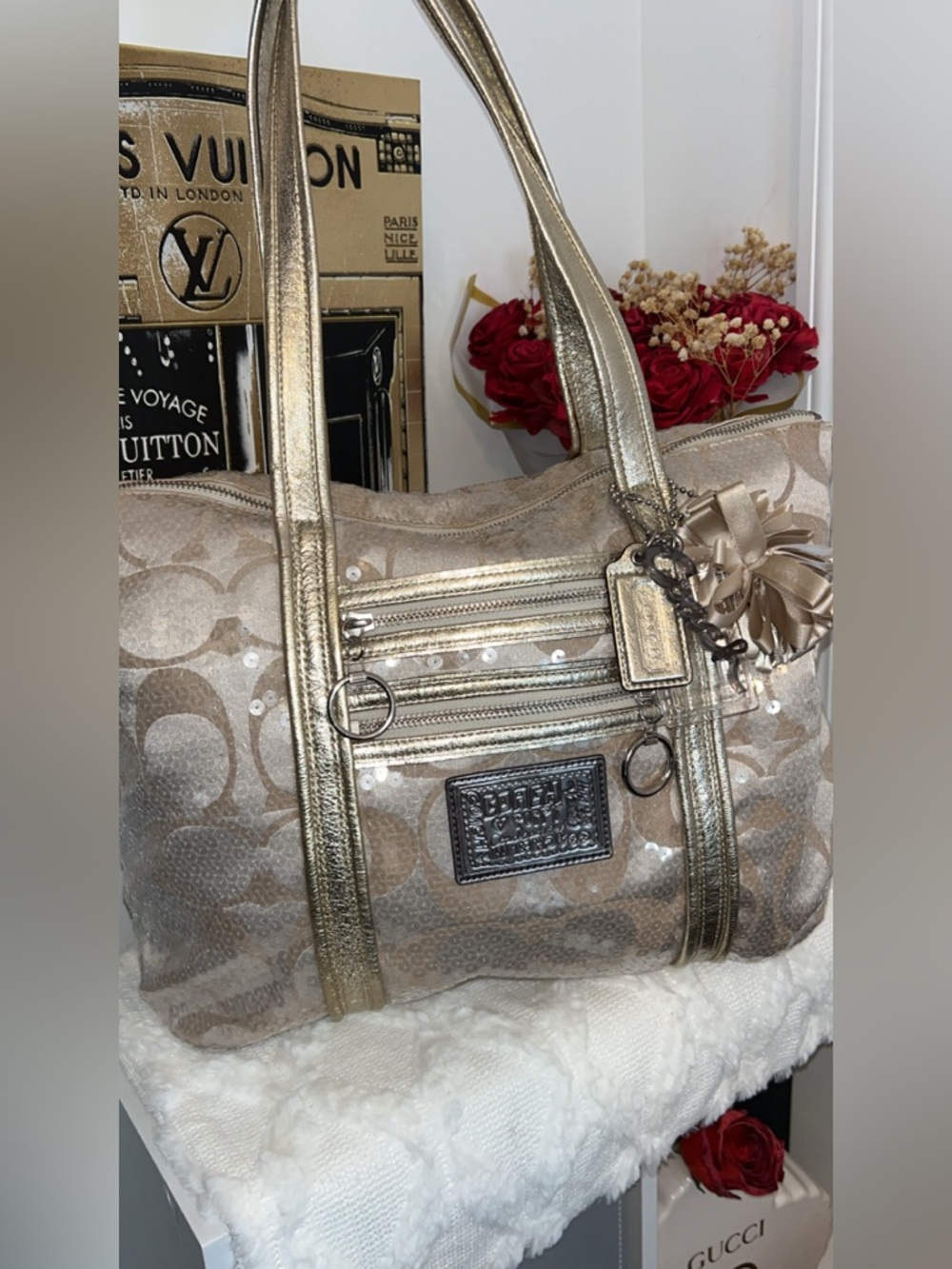 Coach Poppy Gold Signature Metallic and sequin Tote with Dual Zipper Front